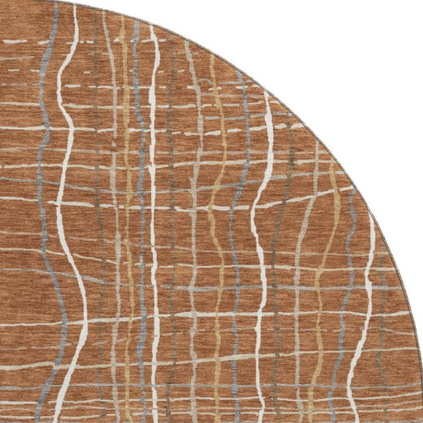 HomeRoots 8' Washable Round Rug in Rust, Ivory & Gray Stripes – Durable, UV-Protected, Easy-Care Design for Any Space 678583