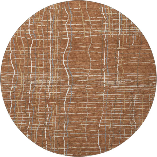 HomeRoots 8' Washable Round Rug in Rust, Ivory & Gray Stripes – Durable, UV-Protected, Easy-Care Design for Any Space 678583