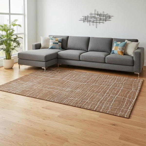HomeRoots 8' X 10' Striped Washable Area Rug in Rust, Ivory & Gray - UV Protected, Stain-Resistant & Durable! 678584