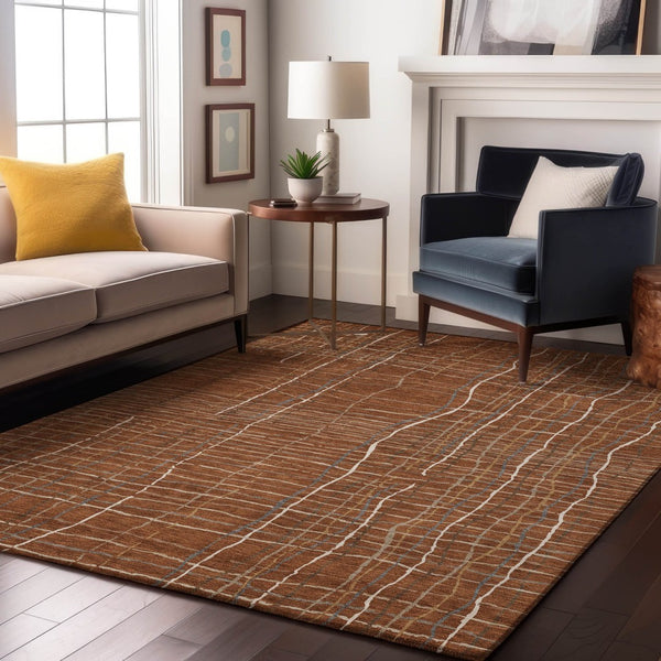 HomeRoots 9' X 12' Stylish Rust Ivory Gray Striped Washable Area Rug with UV Protection for Busy Homes 678585