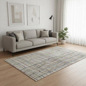 HomeRoots 5' X 8' Beige Gold And Blue Striped Washable Area Rug – Durable, Stain-Resistant, UV Protected Style! 678588