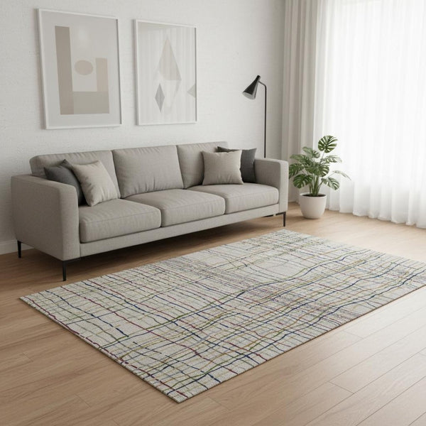 HomeRoots 5' X 8' Beige Gold And Blue Striped Washable Area Rug – Durable, Stain-Resistant, UV Protected Style! 678588