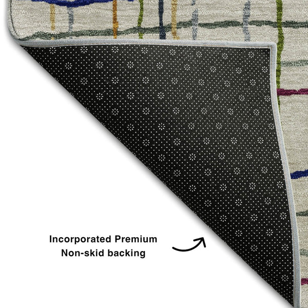 HomeRoots 5' X 8' Beige Gold And Blue Striped Washable Area Rug – Durable, Stain-Resistant, UV Protected Style! 678588