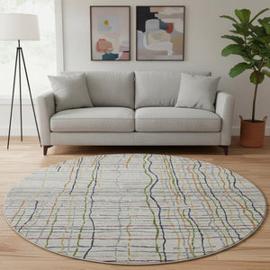 HomeRoots 8' Beige Gold and Blue Striped Washable Round Rug with UV Protection for Indoor and Outdoor Use 678589