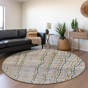 HomeRoots 8' Beige Gold and Blue Striped Washable Round Rug with UV Protection for Indoor and Outdoor Use 678589