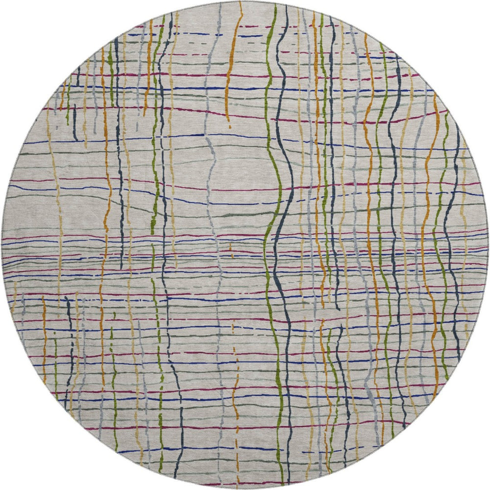 HomeRoots 8' Beige Gold and Blue Striped Washable Round Rug with UV Protection for Indoor and Outdoor Use 678589