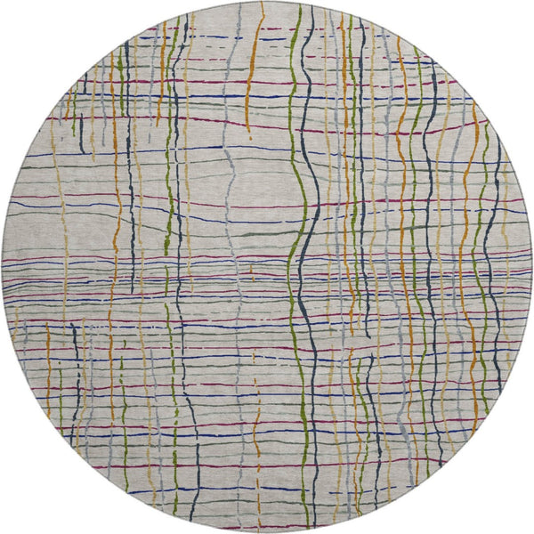 HomeRoots 8' Beige Gold and Blue Striped Washable Round Rug with UV Protection for Indoor and Outdoor Use 678589
