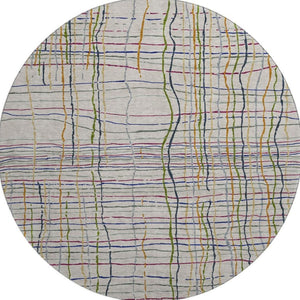 HomeRoots 8' Beige Gold and Blue Striped Washable Round Rug with UV Protection for Indoor and Outdoor Use 678589