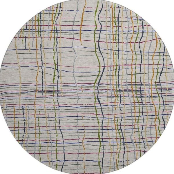 HomeRoots 8' Beige Gold and Blue Striped Washable Round Rug with UV Protection for Indoor and Outdoor Use 678589