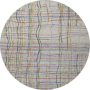HomeRoots 8' Beige Gold and Blue Striped Washable Round Rug with UV Protection for Indoor and Outdoor Use 678589