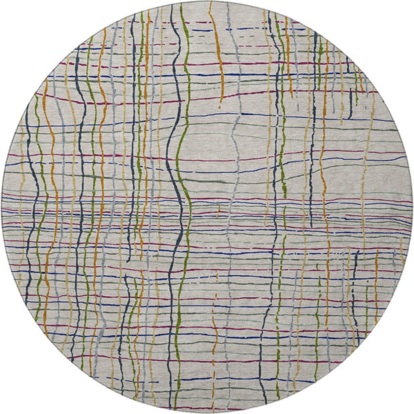 HomeRoots 8' Beige Gold and Blue Striped Washable Round Rug with UV Protection for Indoor and Outdoor Use 678589