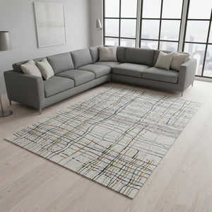 HomeRoots 8' X 10' Stylish Beige Gold & Blue Striped Washable Area Rug with UV Protection for Homes 678590