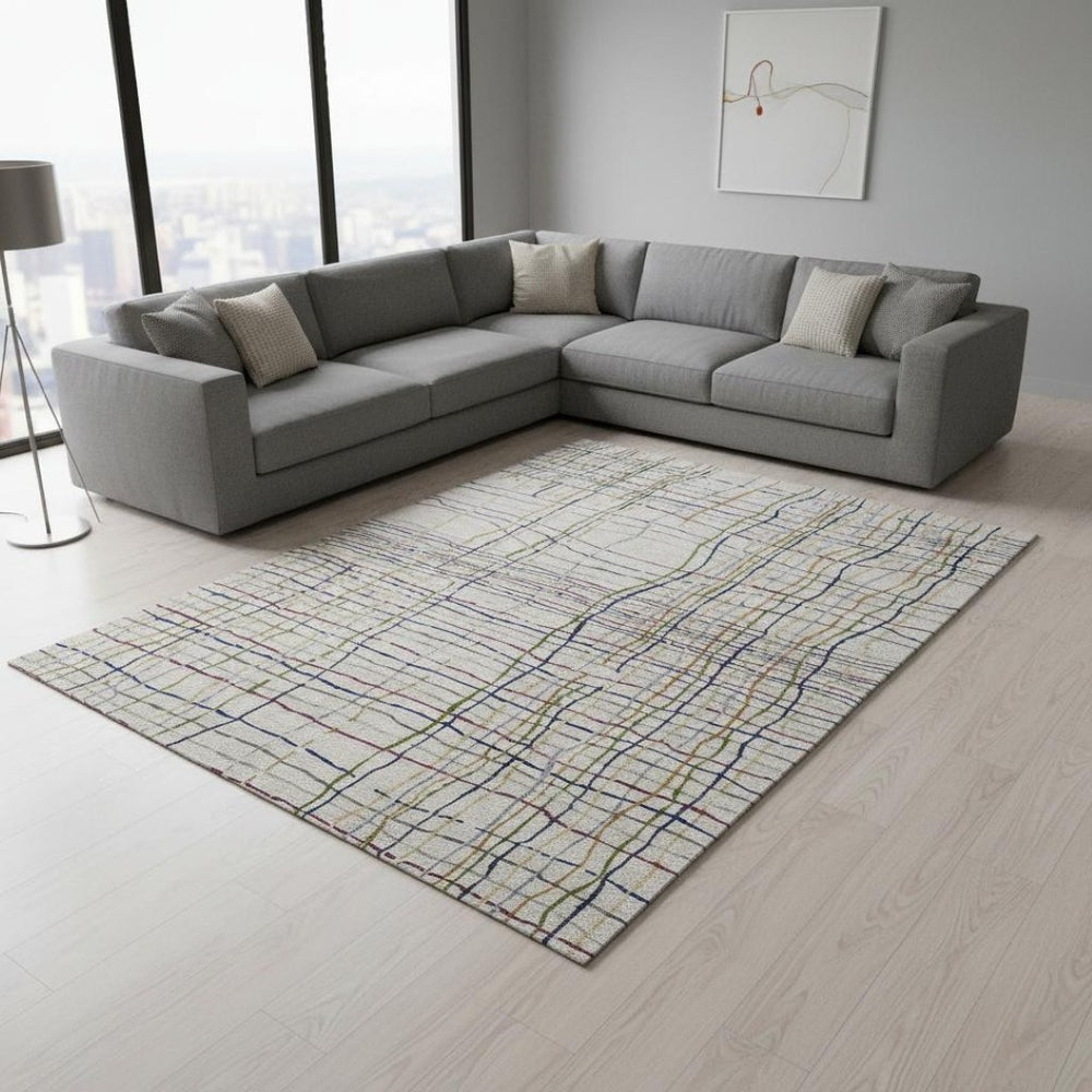 HomeRoots 9' X 12' Durable Beige Gold and Blue Striped Area Rug - Washable, UV Protected, Perfect for Homes! 678591
