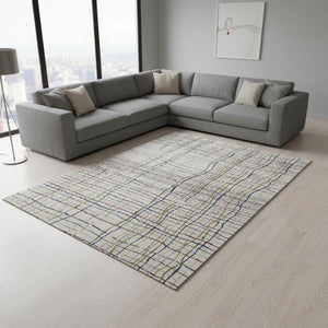 HomeRoots 9' X 12' Durable Beige Gold and Blue Striped Area Rug - Washable, UV Protected, Perfect for Homes! 678591