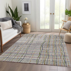 HomeRoots 9' X 12' Durable Beige Gold and Blue Striped Area Rug - Washable, UV Protected, Perfect for Homes! 678591