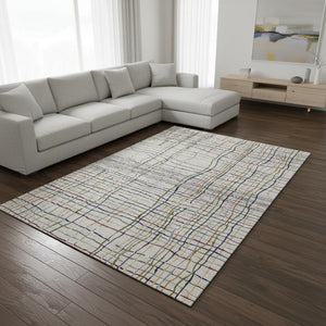 HomeRoots 10' X 14' Striped Area Rug in Beige, Gold & Blue - Washable, UV Protected, Stain-Resistant Design 678592