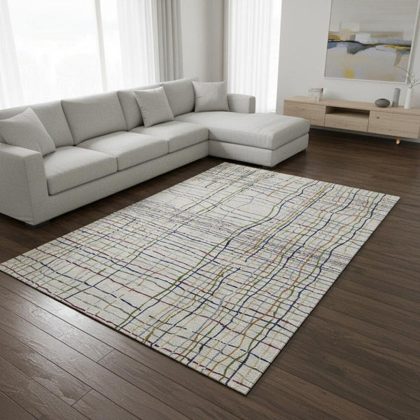 HomeRoots 10' X 14' Striped Area Rug in Beige, Gold & Blue - Washable, UV Protected, Stain-Resistant Design 678592
