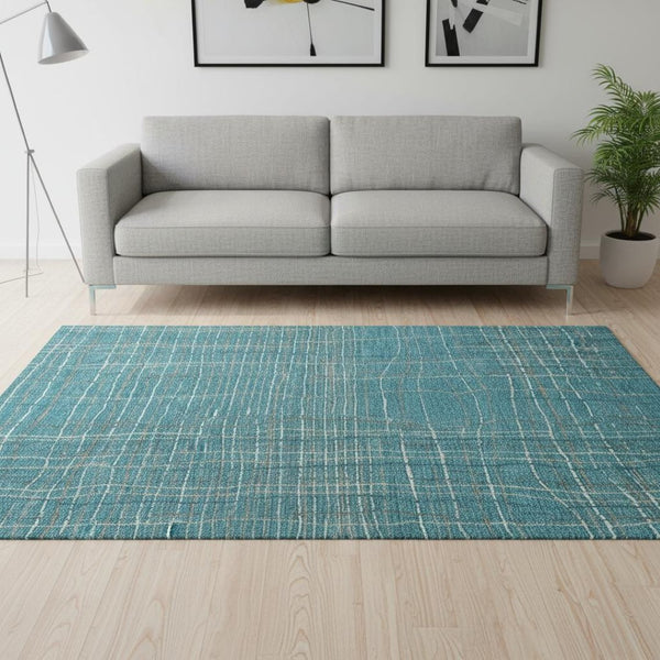 HomeRoots 5' Teal, Brown & Ivory Striped Washable Area Rug - Durable, UV Protected, Perfect for Busy Homes! 678594