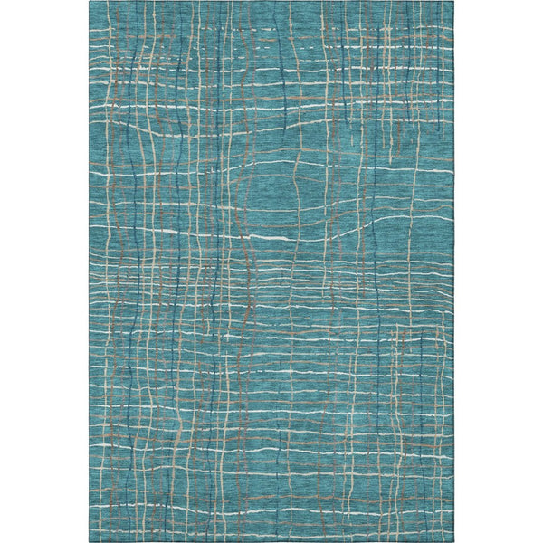HomeRoots 5' Teal, Brown & Ivory Striped Washable Area Rug - Durable, UV Protected, Perfect for Busy Homes! 678594
