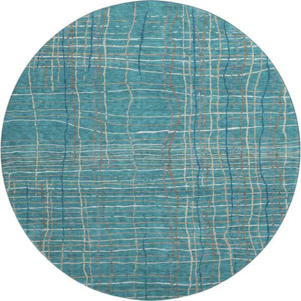HomeRoots 8' Teal Brown and Ivory Striped Washable Round Rug - Durable, UV-Protected, Easy-Care for Active Homes 678595