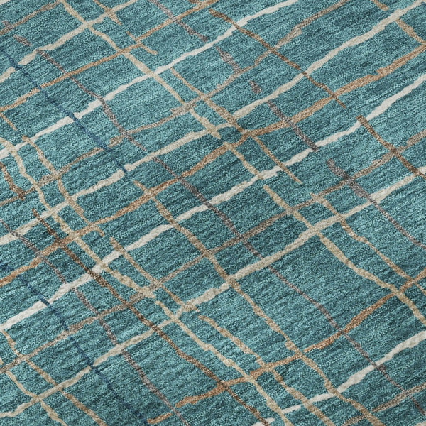 HomeRoots 8' Teal Brown and Ivory Striped Washable Round Rug - Durable, UV-Protected, Easy-Care for Active Homes 678595