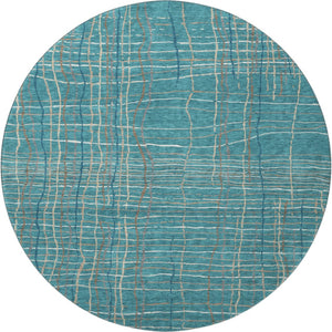 HomeRoots 8' Teal Brown and Ivory Striped Washable Round Rug - Durable, UV-Protected, Easy-Care for Active Homes 678595