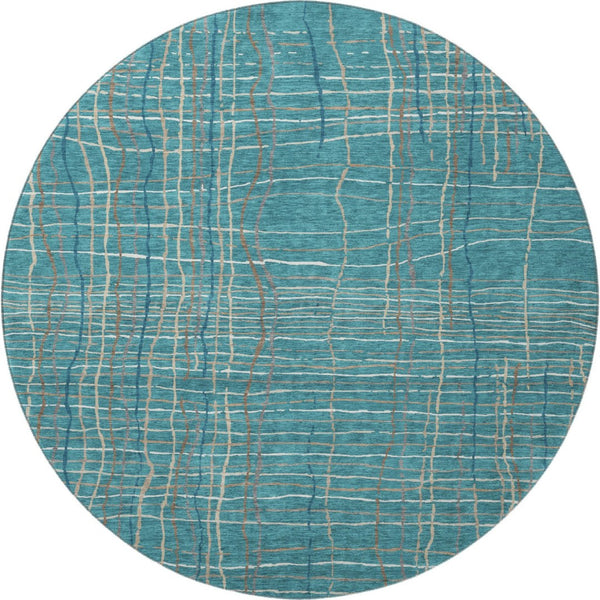 HomeRoots 8' Teal Brown and Ivory Striped Washable Round Rug - Durable, UV-Protected, Easy-Care for Active Homes 678595