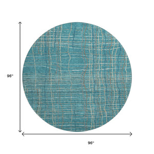 HomeRoots 8' Teal Brown and Ivory Striped Washable Round Rug - Durable, UV-Protected, Easy-Care for Active Homes 678595
