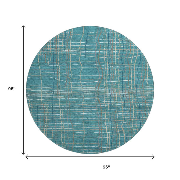 HomeRoots 8' Teal Brown and Ivory Striped Washable Round Rug - Durable, UV-Protected, Easy-Care for Active Homes 678595