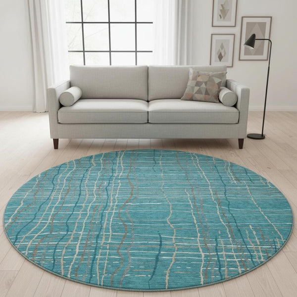 HomeRoots 8' Teal Brown and Ivory Striped Washable Round Rug - Durable, UV-Protected, Easy-Care for Active Homes 678595