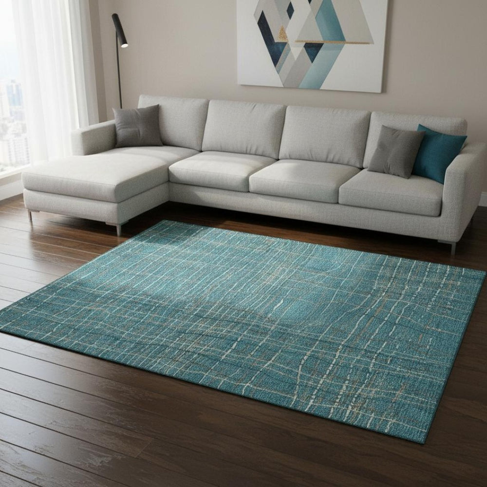 HomeRoots 8' X 10' Stylish Teal, Brown & Ivory Striped Washable Area Rug with UV Protection for Home Durability 678596