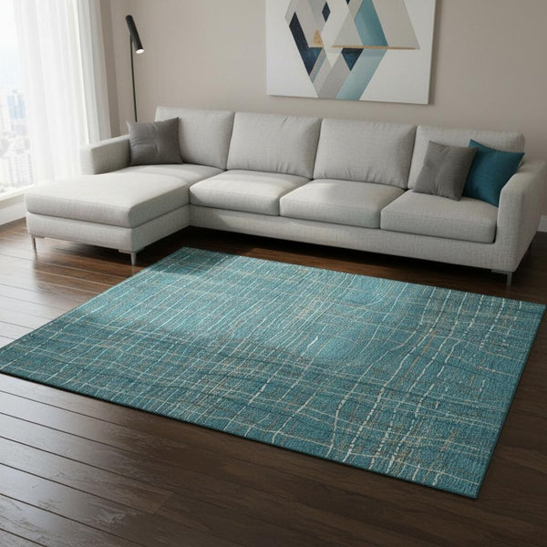 HomeRoots 8' X 10' Stylish Teal, Brown & Ivory Striped Washable Area Rug with UV Protection for Home Durability 678596