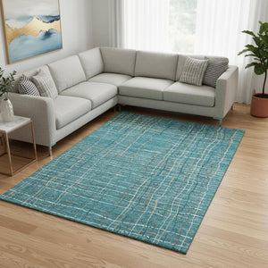 HomeRoots 9' X 12' Stylish Teal, Brown & Ivory Striped Area Rug – Washable, UV Protected, Ideal for Homes 678597