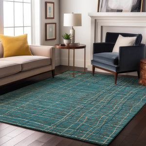 HomeRoots 9' X 12' Stylish Teal, Brown & Ivory Striped Area Rug – Washable, UV Protected, Ideal for Homes 678597