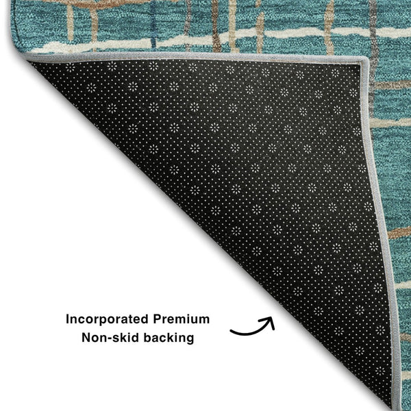 HomeRoots 9' X 12' Stylish Teal, Brown & Ivory Striped Area Rug – Washable, UV Protected, Ideal for Homes 678597