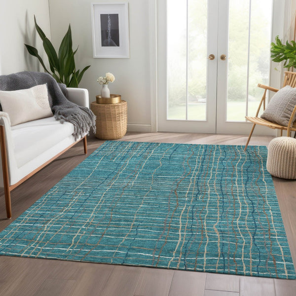 HomeRoots 9' X 12' Stylish Teal, Brown & Ivory Striped Area Rug – Washable, UV Protected, Ideal for Homes 678597