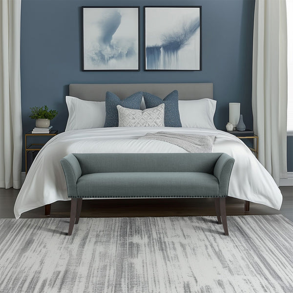 JLA Home Madison Park - 49.5" Welburn Upholstered Bench with Low Back, Nailhead Trim & Wood Legs for Entryway Seating Slate Blue MP105-0827