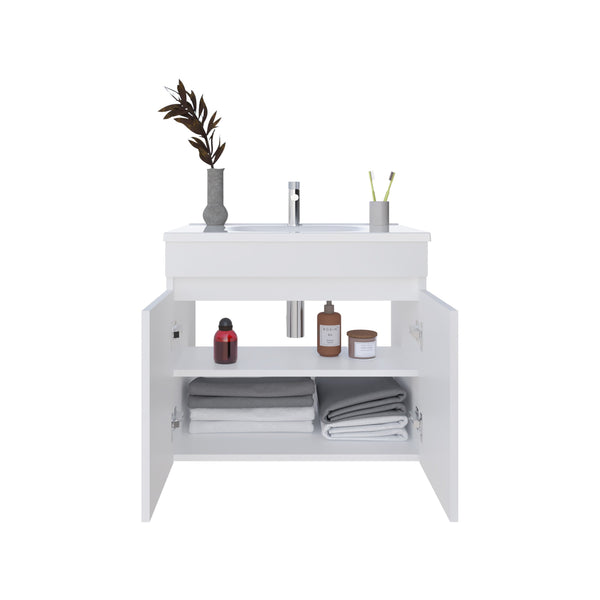 English Elm Chaux Floating Wide Double-Door Vanity 23.2" with Glossy Resin Sink & Two Shelves, Space-Saving White B070P337122