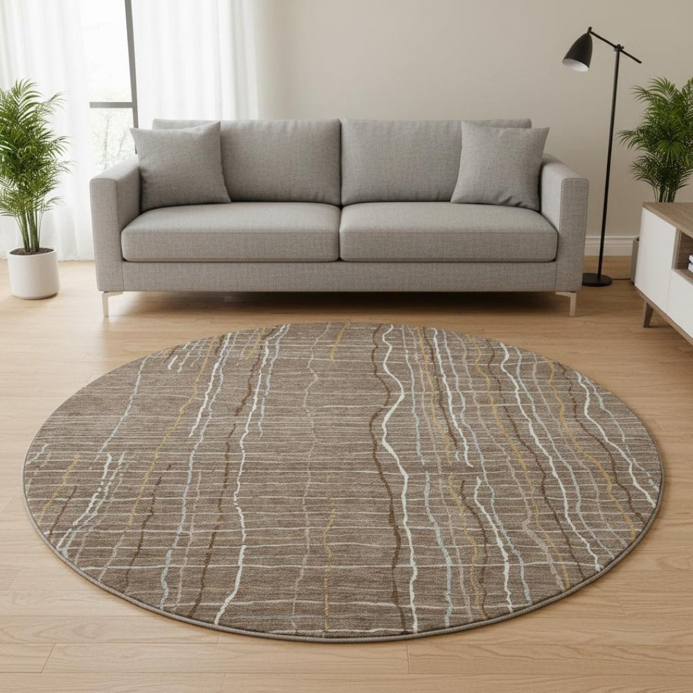 HomeRoots 8' Taupe Ivory Gold Striped Washable Round Rug - Durable, UV Protected & Stylish for Every Room 678601