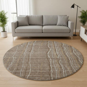 HomeRoots 8' Taupe Ivory Gold Striped Washable Round Rug - Durable, UV Protected & Stylish for Every Room 678601