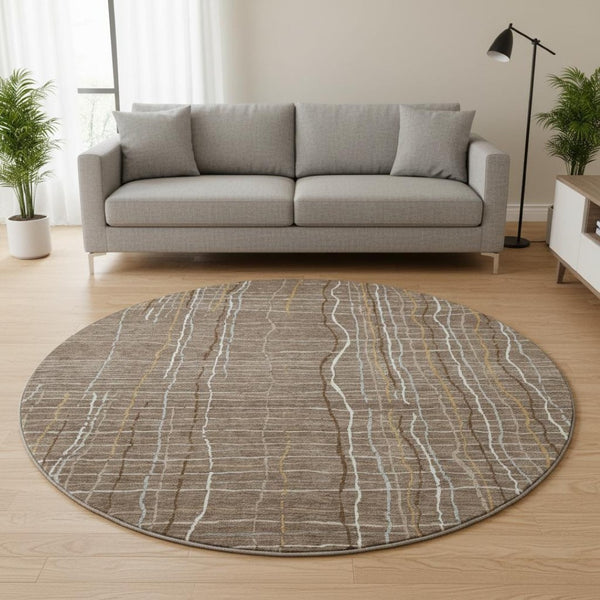 HomeRoots 8' Taupe Ivory Gold Striped Washable Round Rug - Durable, UV Protected & Stylish for Every Room 678601
