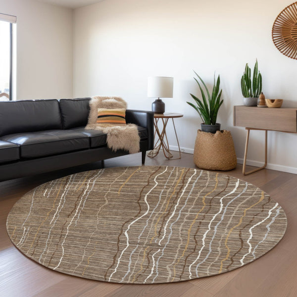 HomeRoots 8' Taupe Ivory Gold Striped Washable Round Rug - Durable, UV Protected & Stylish for Every Room 678601