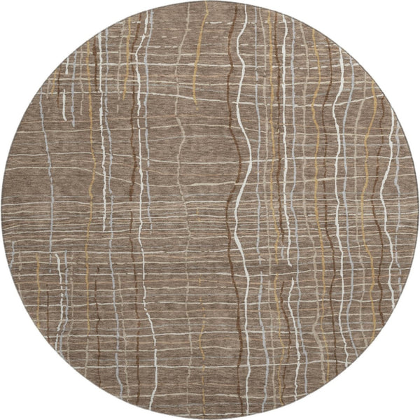 HomeRoots 8' Taupe Ivory Gold Striped Washable Round Rug - Durable, UV Protected & Stylish for Every Room 678601