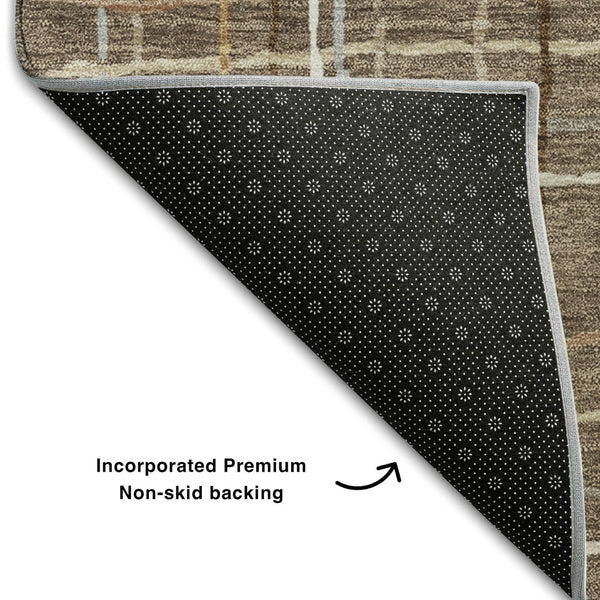 HomeRoots 8' Taupe Ivory Gold Striped Washable Round Rug - Durable, UV Protected & Stylish for Every Room 678601