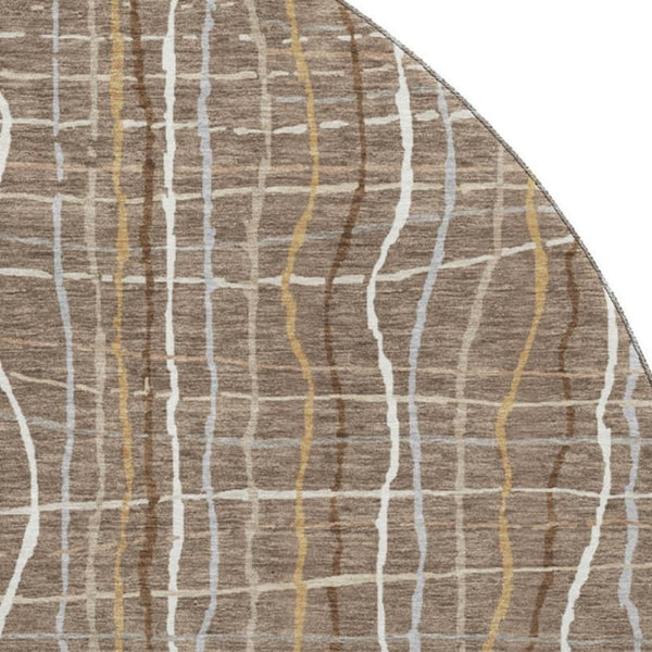 HomeRoots 8' Taupe Ivory Gold Striped Washable Round Rug - Durable, UV Protected & Stylish for Every Room 678601