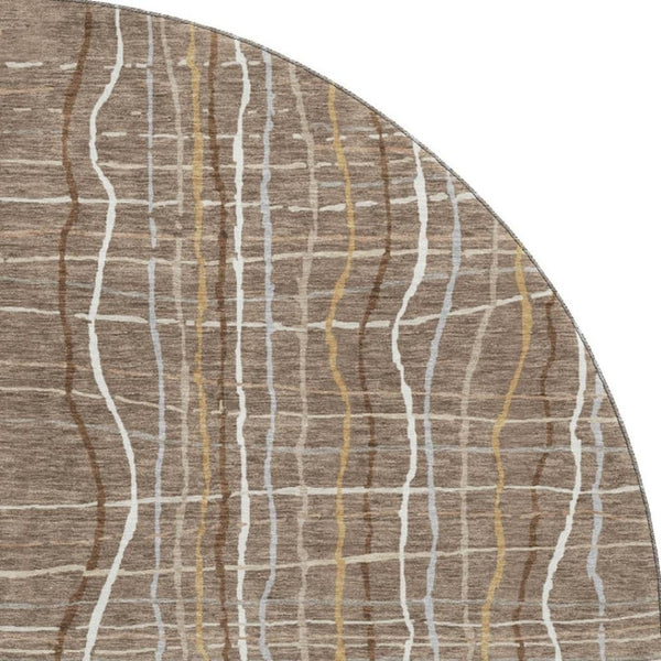HomeRoots 8' Taupe Ivory Gold Striped Washable Round Rug - Durable, UV Protected & Stylish for Every Room 678601