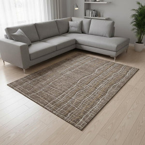 HomeRoots 8' X 10' Stylish Taupe Ivory Gold Striped Washable Area Rug with Stain Resistance & UV Protection 678602