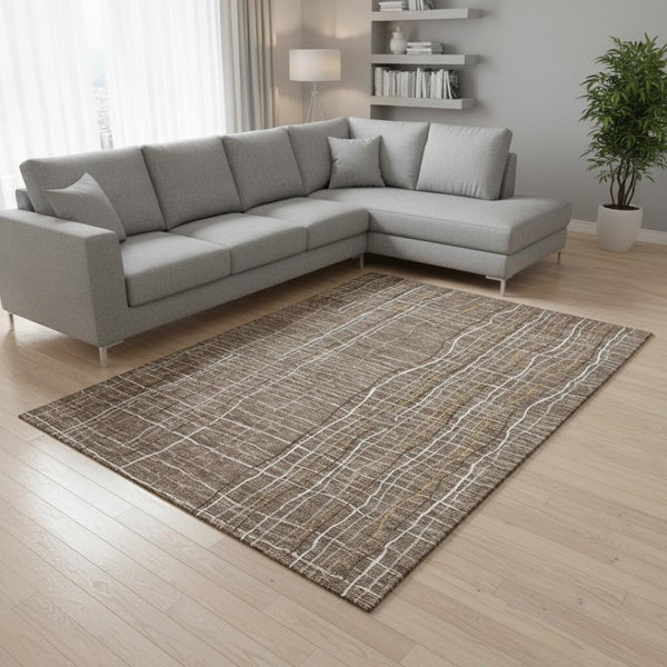 HomeRoots 9' Taupe, Ivory & Gold Striped Washable Area Rug - UV Protected, Durable & Easy Care for Busy Homes 678603
