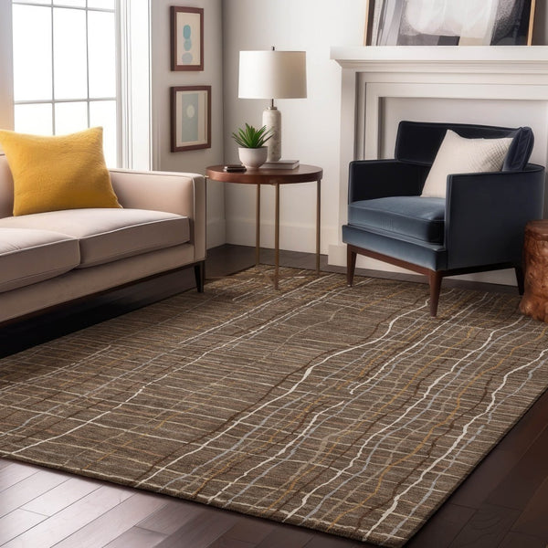 HomeRoots 9' Taupe, Ivory & Gold Striped Washable Area Rug - UV Protected, Durable & Easy Care for Busy Homes 678603