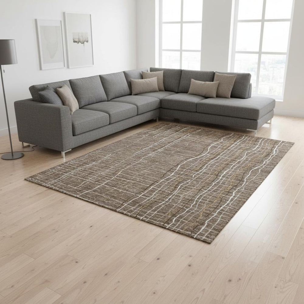 HomeRoots 10' X 14' Elegant Taupe Ivory Gold Striped Area Rug - Washable, UV Protected, Perfect for Families 678604
